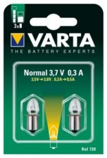 VARTA 720.000.402  Reservelampje 720 3,7V - blister 2 stuks  EAN: 4008496176052   Op bestelling, geen terugname